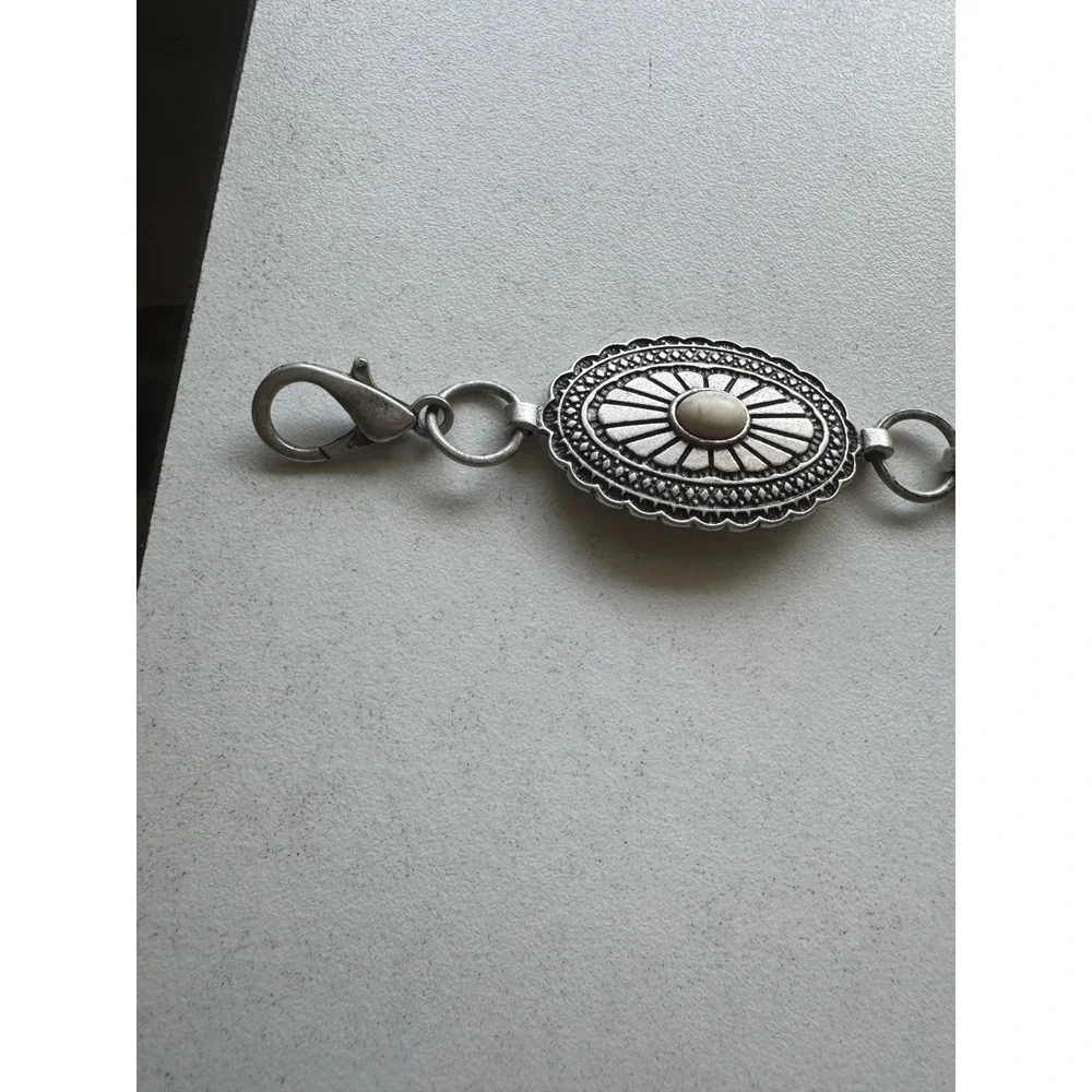 Silver Tone Oval Concho Chain Belt Faux White Turquoise Stone Western Boho NEW